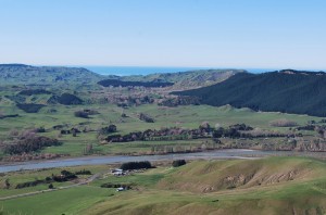 Farming land and a glimpse of the Pacific Ocean as seen from Te Mata Peak.