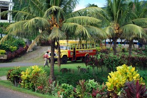 One of the main sources of transportation on Samoa is this type of bus seen here parked in a village.